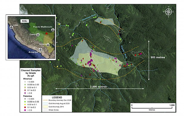 Figure 1:  Channel sample assay map of the 2,000m by 900m Coritiri gold anomaly